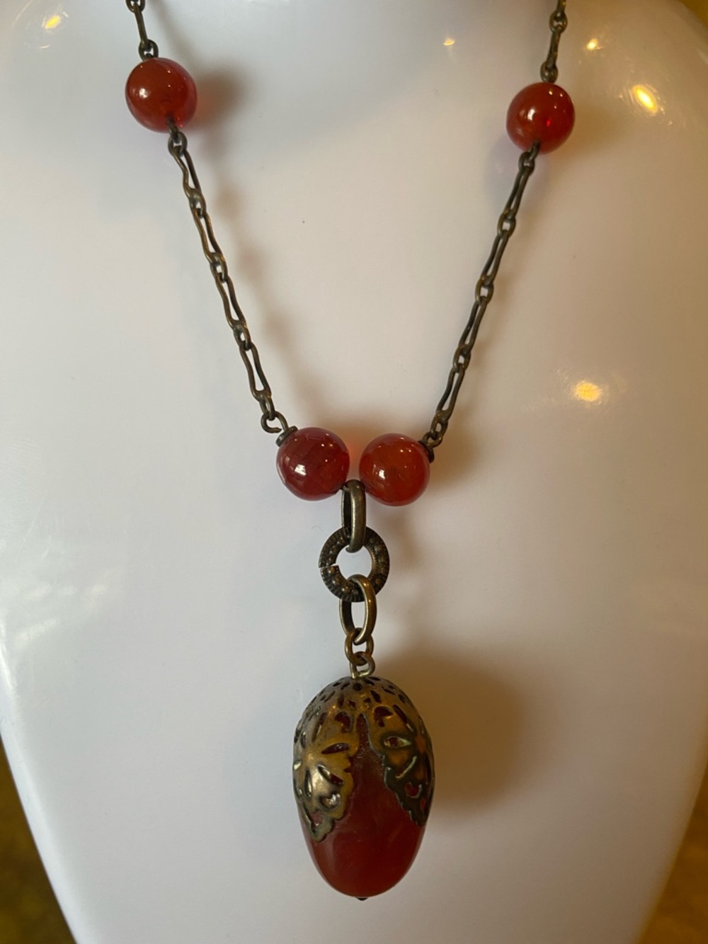 Carnelian genuine antique stone ornate brass links 🔗 17” necklace